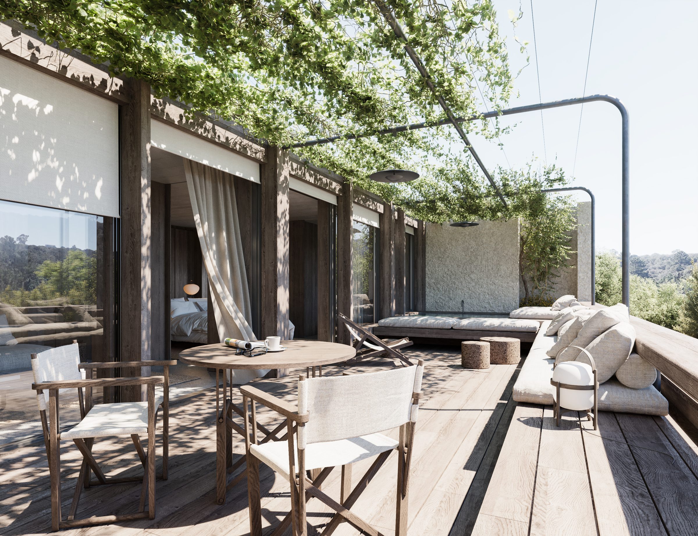 A bedroom and private plunge pool on the timber deck of a suite, framed by a vine-draped pergola.