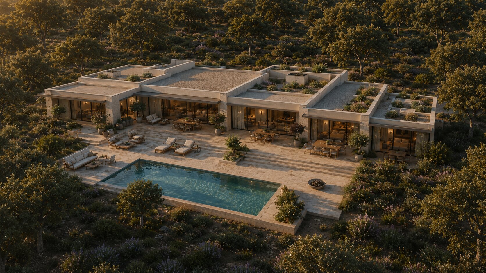 Aerial view of a Cork Forest Villa at AMAIA Valley — single-storey courtyard plan, saltwater pool and covered terrace, set in cork oak and lavender.