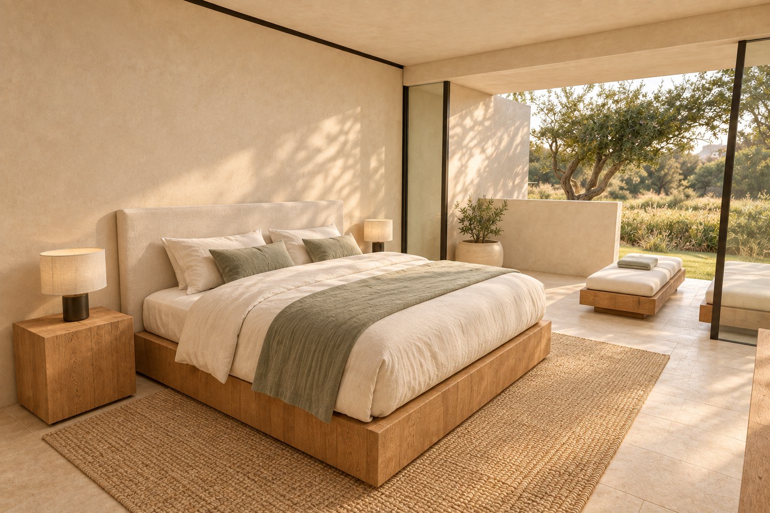 Bedroom two of a Cork Forest Villa at AMAIA Valley, with en-suite bathroom and garden outlook.
