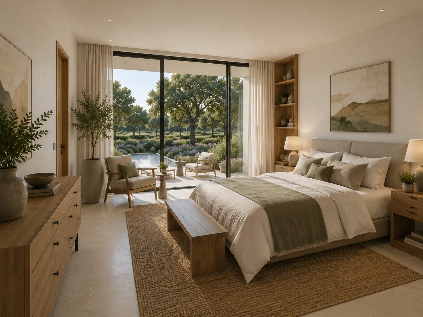 Master suite of a Cork Forest Villa at AMAIA Valley — linen-dressed bed, oak joinery, and floor-to-ceiling glazing opening onto the pool terrace and surrounding oak woodland.