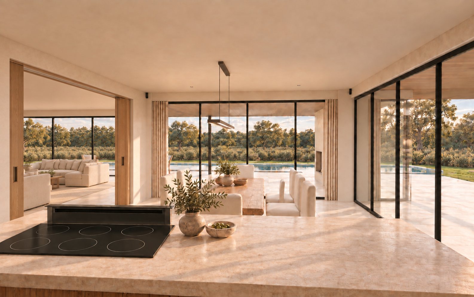 Kitchen and dining room of a Cork Forest Villa at AMAIA Valley, with dual kitchen layout and natural materials.