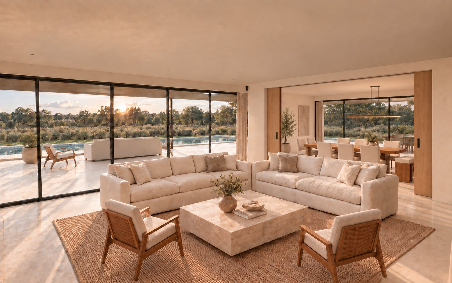 Living room of a Cork Forest Villa at AMAIA Valley, with oak joinery and views over the pool terrace.