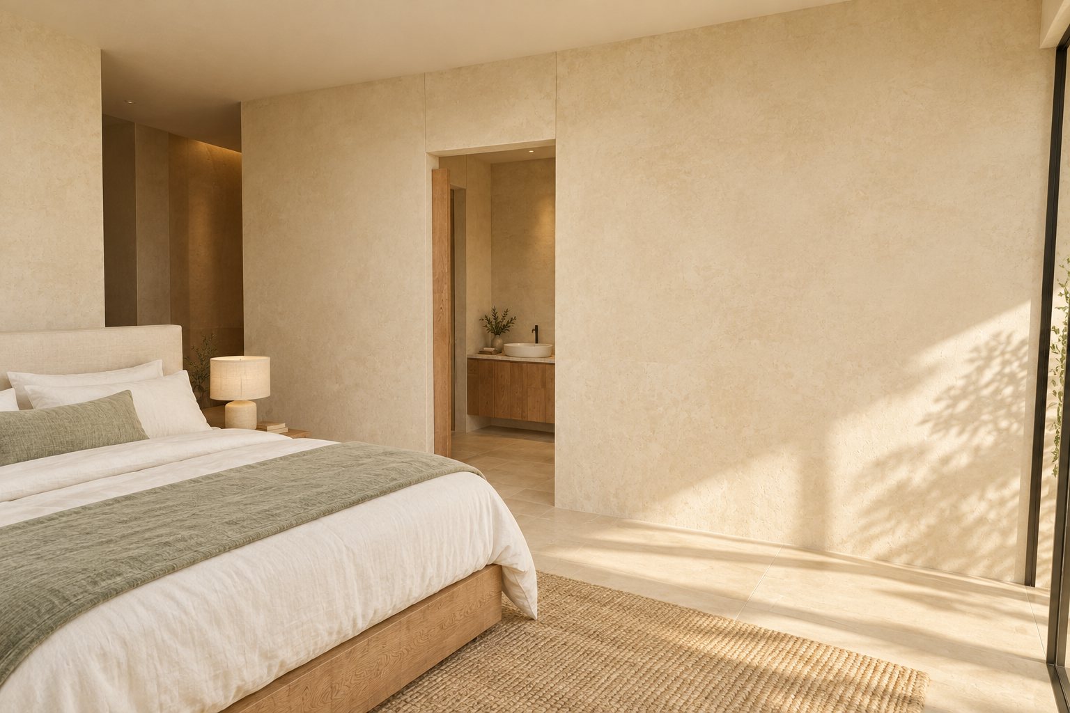 Master en-suite bathroom of a Cork Forest Villa at AMAIA Valley, with freestanding tub and natural stone finishes.