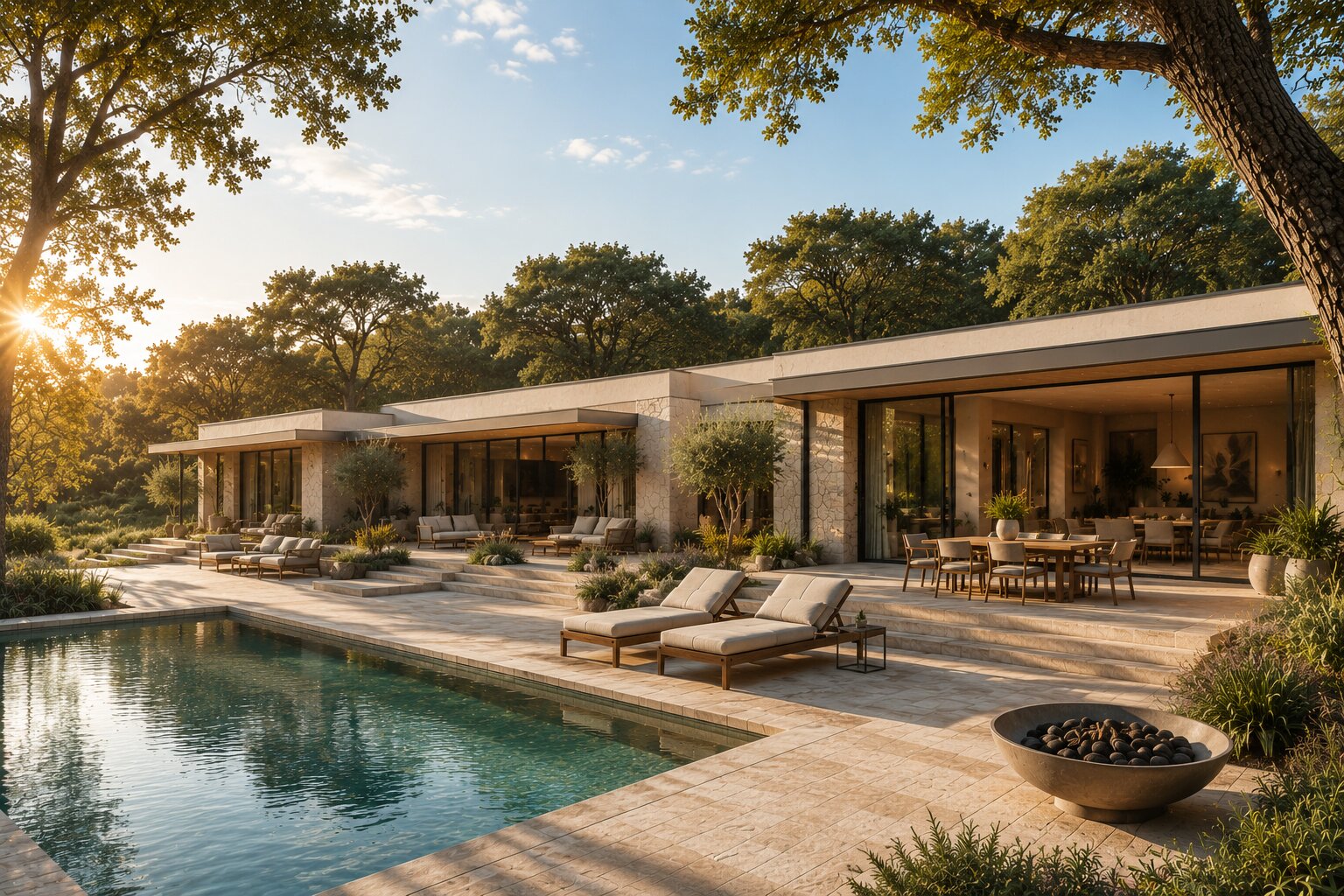 Cork Forest Villa at golden hour — saltwater pool, stone-paved dining and lounge terraces, set under cork oaks at AMAIA Valley.