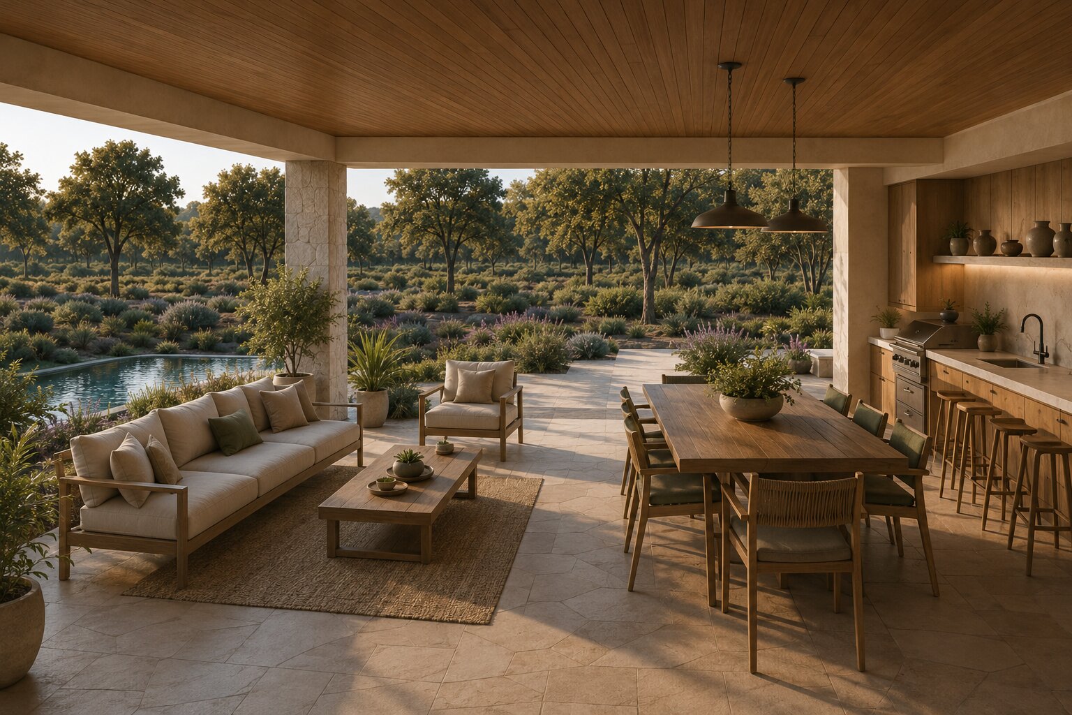 A rendering of an AMAIA Residence with terrace and valley views.